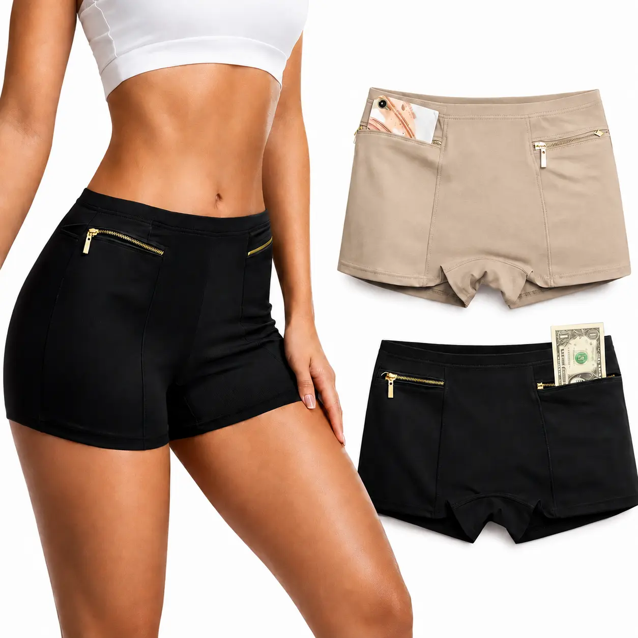 Women's Anti-Theft Pure Cotton Travel Boyshorts - Hidden Zips with Double Sliders, Seamless Cut, Anti-Chafe, Soft Breathable Stretch Full Coverage Panties for Running, Everyday Wear, Zipper, Travel Safety, Anti Chafe Boyshorts & Boxers, Anti-Pickpocket