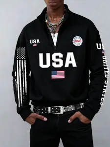 Men's Vintage Patriotic American Flag Half-Zip Pullover, Casual Sports Style, Fashionable Comfort Design, Fall & Winter Daily Wear