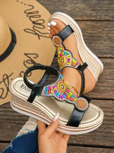 Women's Ethnic Style Wedge Sandals, Beaded Decoration, Bohemian Style, Elastic Strap, Easy on and Off, Summer Casual Bohemian Platform Sandals