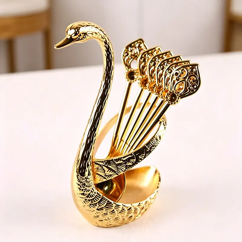 Coffee Spoons Set, Including 6 Stainless Steel Spoons and 1 Swan Base, Creative Swan Design Coffee Stirring Spoons for Dessert and Tea, Kitchen Cutlery and Tableware Utensils Supplies