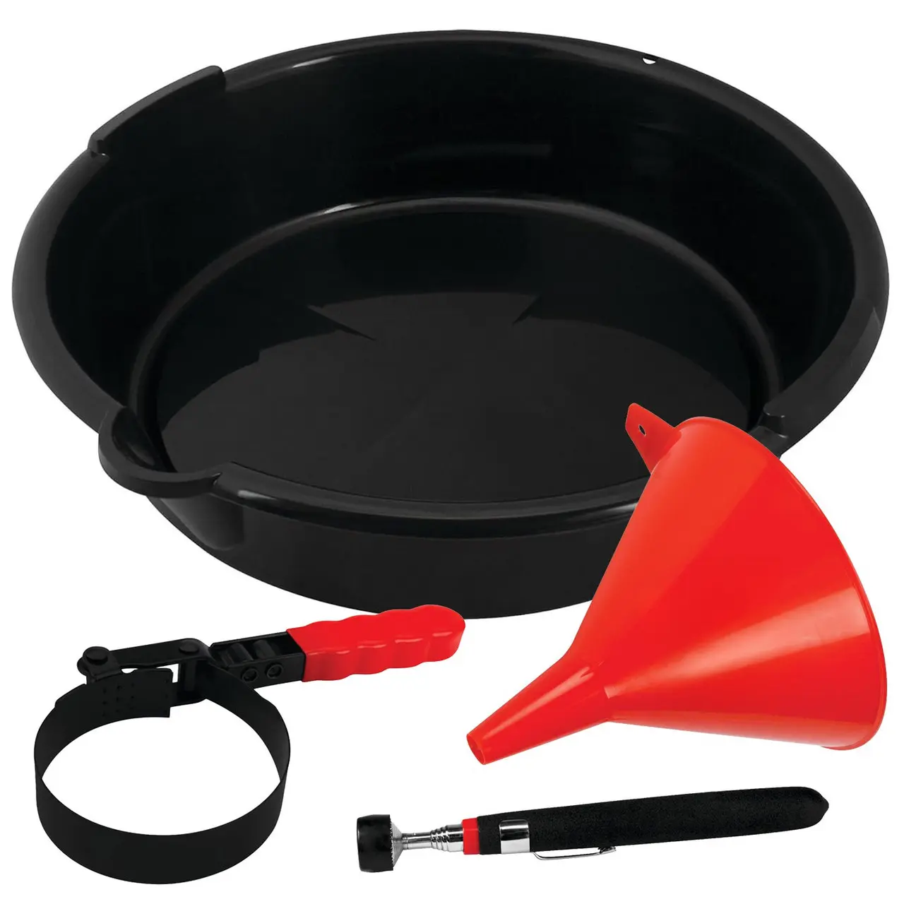 Factory Racing Parts Oil Change Tool Kit - Includes 1 Qt Funnel, Magnet Pickup Tool, 7 Qt Drain Pan, Swivel Oil Filter Wrench