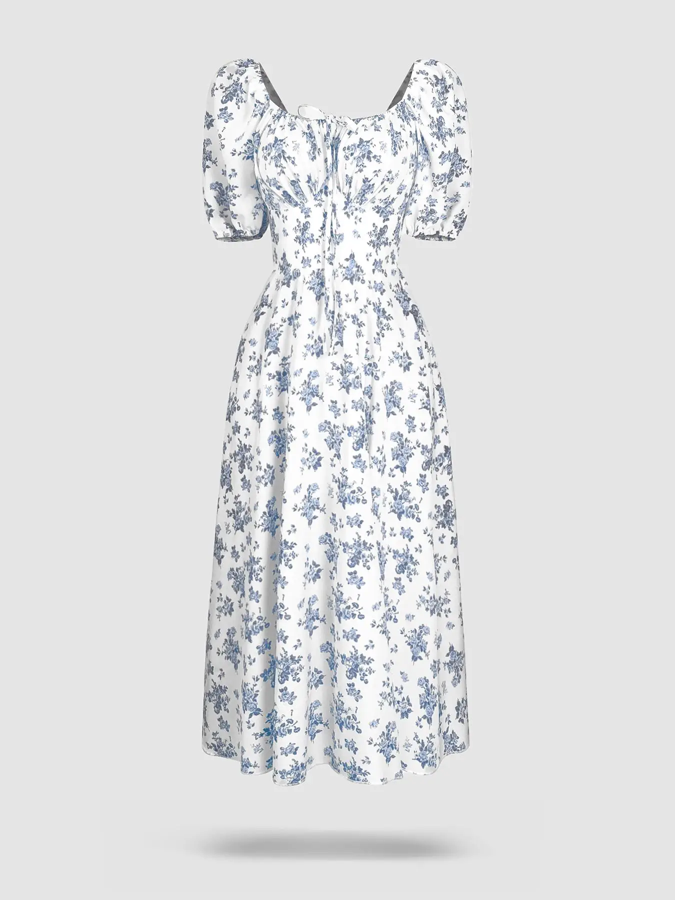 Women's Floral Print Puff Sleeve Split Thigh Tie Front A Line Vintage Dress, Boho Romantic Short Sleeve Square Neck Long Dress for Party Holiday Weddi