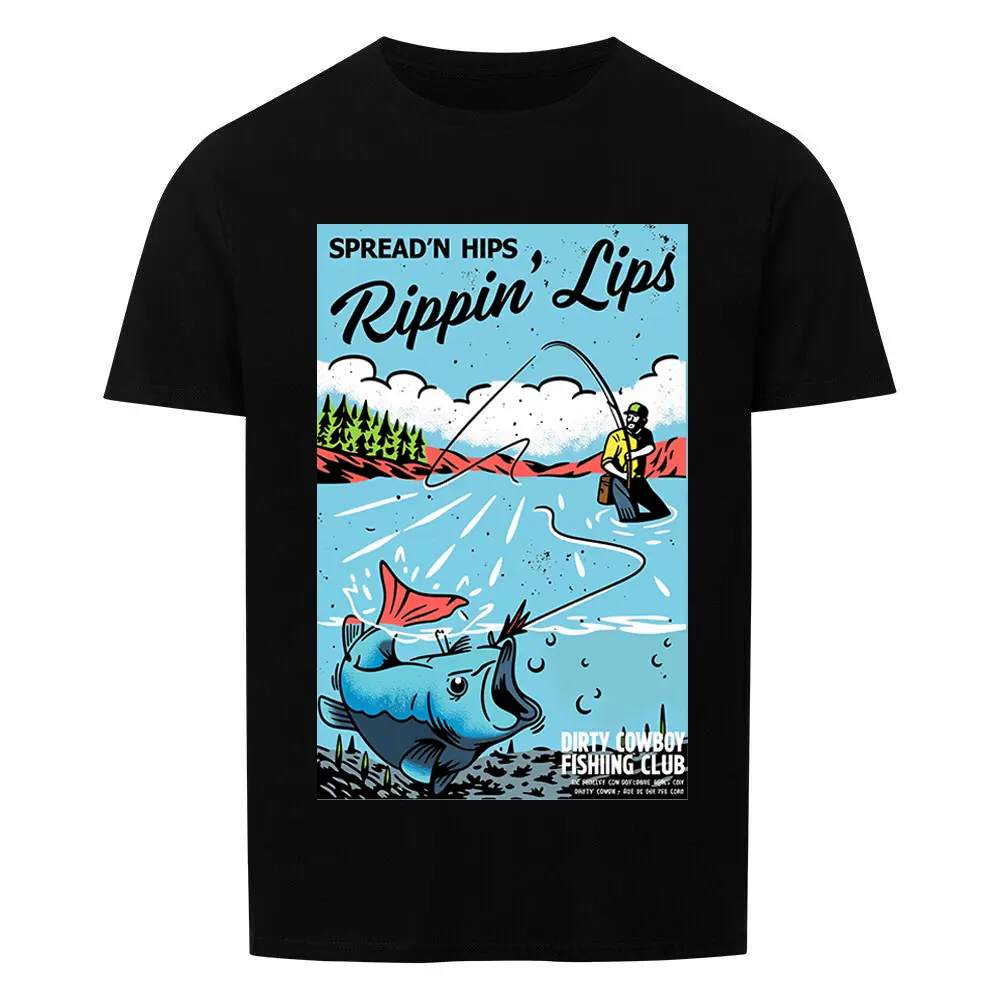 Lucky Angler Vintage Fishing Adventure Tee 'Spread'n Hips Rippin' Lips' Retro Scene Angler & Giant Fish 100% Cotton T-Shirt for Real Anglers - Love