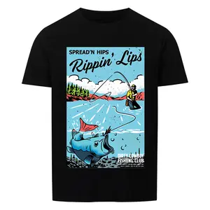 Lucky Angler Vintage Fishing Adventure Tee 'Spread'n Hips Rippin' Lips' Retro Scene Angler & Giant Fish 100% Cotton T-Shirt for Real Anglers - Love
