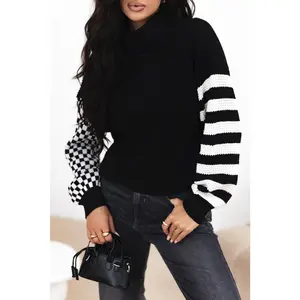 Striped Patchwork Waffle Knit Turtleneck