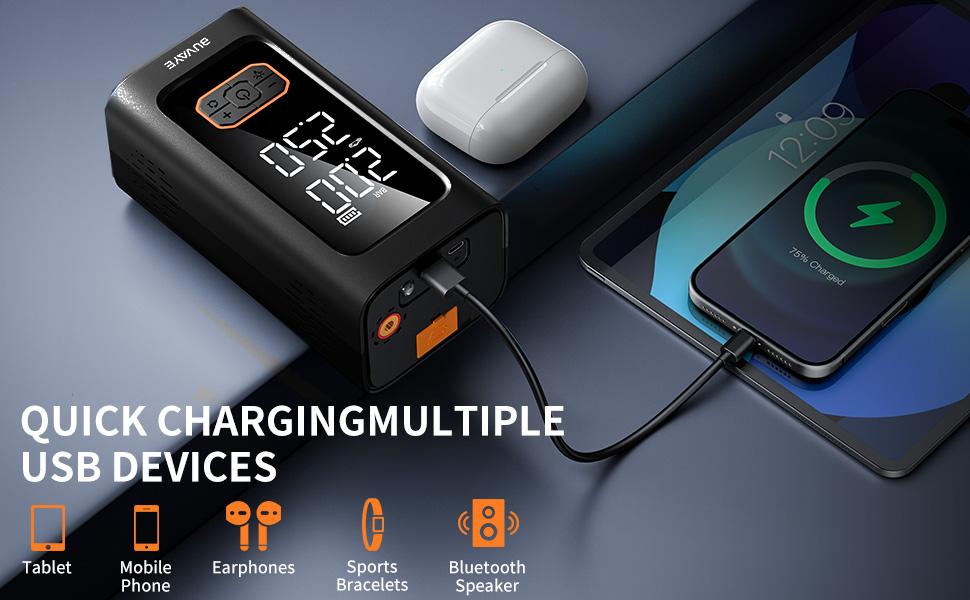 Portable Car Mounted Inflation Pump & Emergency Starting Power Supply, Multi-Function Battery Power Bank for Auto Ignition and Tire Inflation