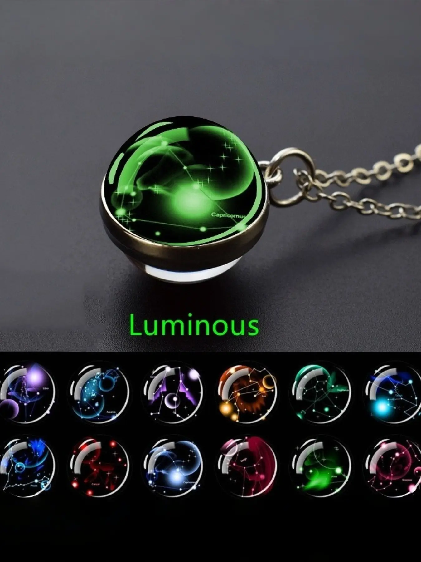 Glow-in-the-Dark Zodiac Pendant Necklace, Starry Sky Glass Ball with Luminous Constellation Design, Zinc Alloy Jewelry Gift for Men