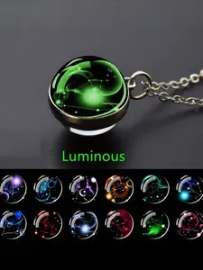 Glow-in-the-Dark Zodiac Pendant Necklace - Starry Sky Glass Ball with Luminous Constellation Design, Fashionable Zinc Alloy Jewelry Gift for Men