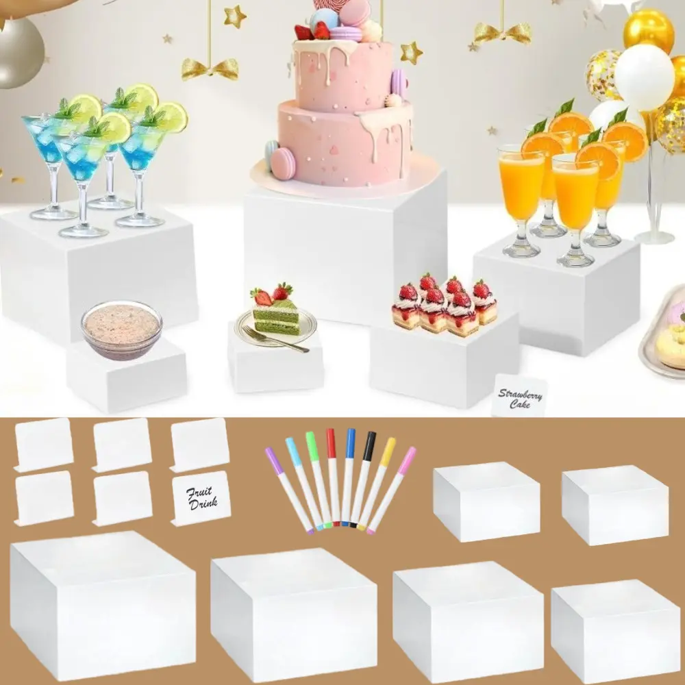 6Pcs Set White Acrylic Buffet Risers - Nesting Cube Boxes with Hollow Bottoms, Mini Sign, Marker, Food Display Stands for Buffet Table, Party Catering (8",7",6",5",4",4")
