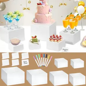 6Pcs Set White Acrylic Buffet Risers - Nesting Cube Boxes with Hollow Bottoms, Mini Sign, Marker, Food Display Stands for Buffet Table, Party Catering (8",7",6",5",4",4")