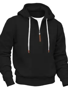Men's Casual Quarter Zipper Hoodie, Fall/Winter Fleece Plus Long Sleeve Hoodie, Polyester Blend Hoodie, Light Stretch Fabric For Fall/Winter, Loose Knit Hoodie, Suitable For Everyday Wear.