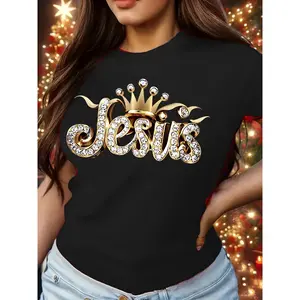 Women's Fitted Lady T-Shirt, Faith-Inspired Polyester Casual Crew Neck Short Sleeve with Jesus Crown Print, All-Season Wear Knit Fabric Sports Top, Black