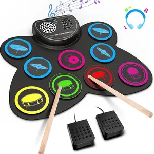 Electronic drum set, 9-drum practice pad, with headphone jack, roll-up electronic drum pad, speaker, drum pedal, great holiday birthday gift for kids
