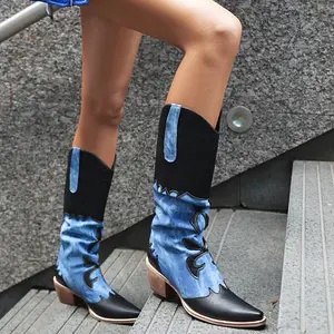Women Denim Cowboy Boots Patchwork Knee High Boots Colorblock Western Cowgirl Mid Calf Jeans Shoes Pointed Toe Chunky Heel Pull On Footwear Leather cowgirl boots cowboy boots