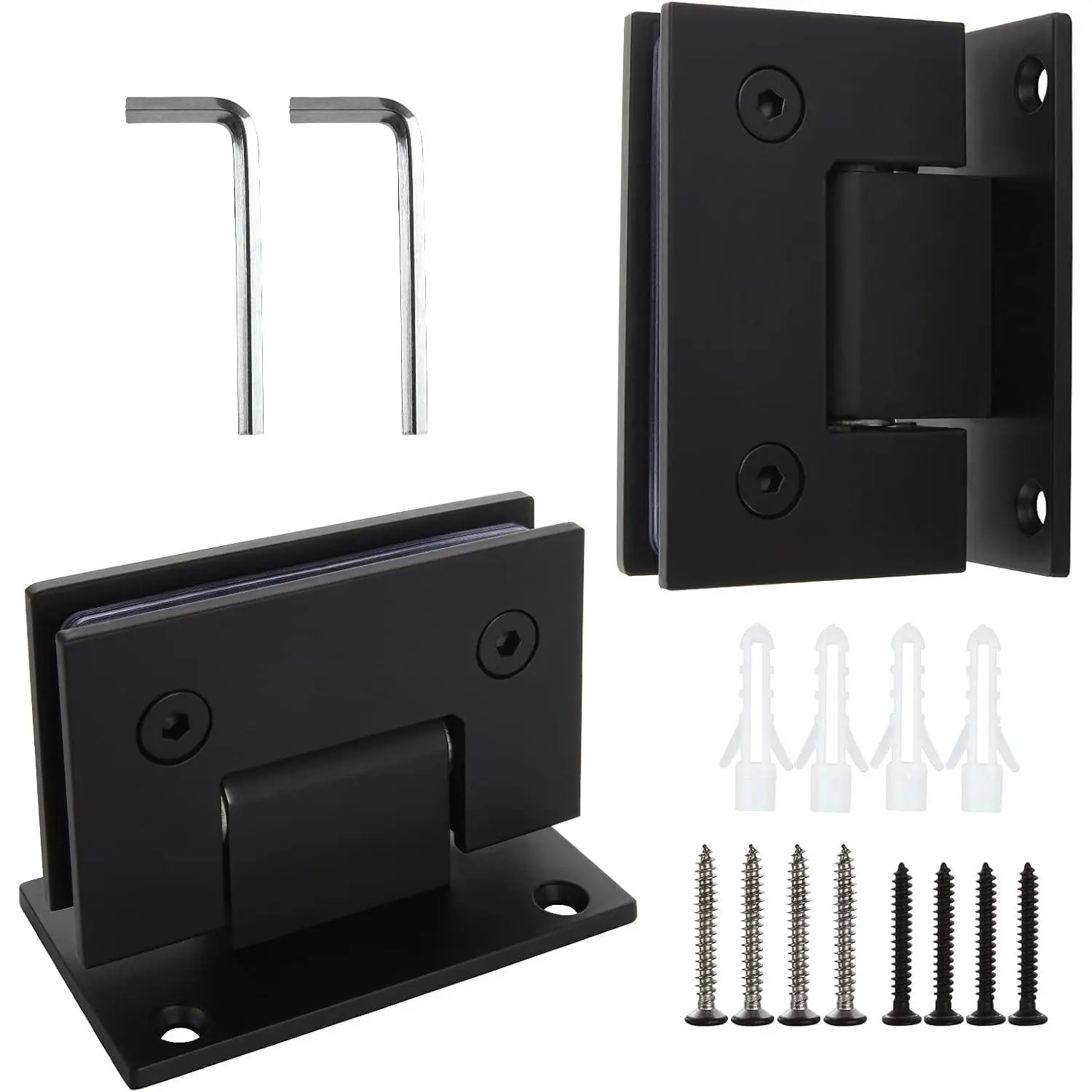 2-Pack Stainless Steel Black Glass Shower Door Hinges, 90-Degree Replacement Parts with Mounting Hardware, 3/8”-1/2” Glass Bathroom Gate Clamps