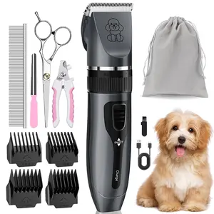 Dog Grooming Kit Clippers Low Noise Electric Quiet Rechargeable Cordless Pet Hair Thick Coats Trimmers Set for Dogs Cats Grey