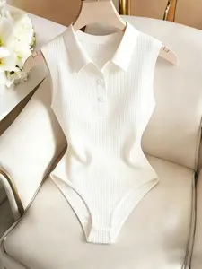 Elegant Versatile Collar Knit Spring Summer Women's Jumpsuit, Holiday Beachwear, Casual Graduation, Ladies Bodysuit