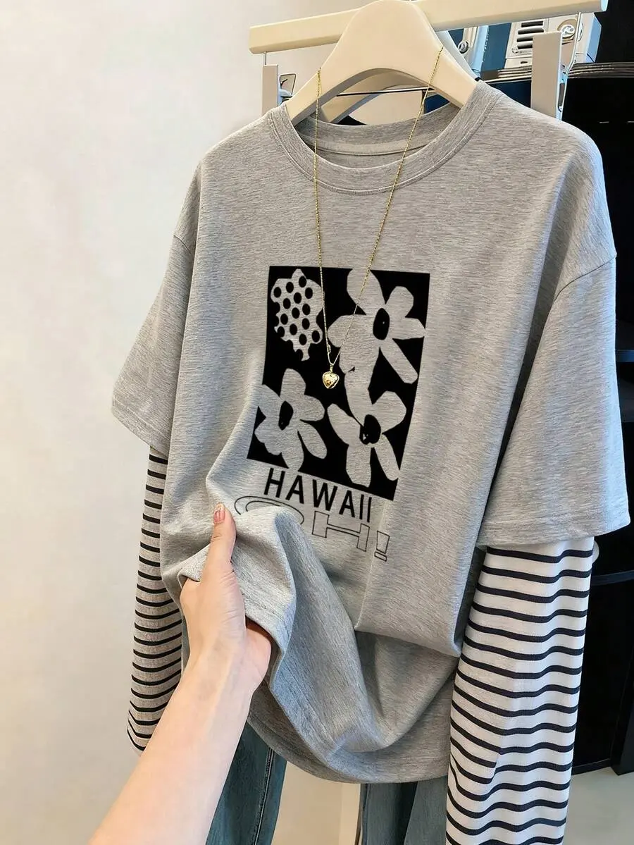 Women's Casual Streetwear Floral Print Striped Patchwork Shirt Autumn Cloth For Women Everyday Day Time