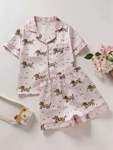 Girls' 2-Piece Pajama Set, Striped Dog Bow Print, Button Front Short Sleeve Top + Elastic Shorts, All Seasons Comfortable Sleepwear