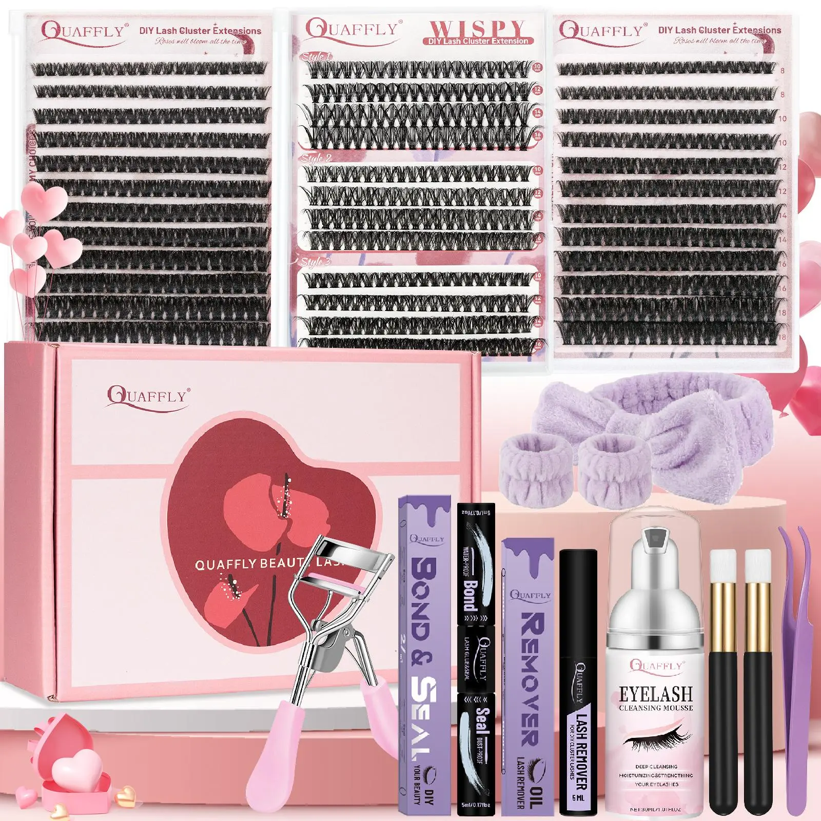 Eyelash Extensions Kit, 1 Box Individual False Eyelashes Diy Lash Cluster with Eyelash Glue & Remover & Tweezers & Brushes & Eyelash Curler & More, Professional Eye Enhancement Tools, Makeup