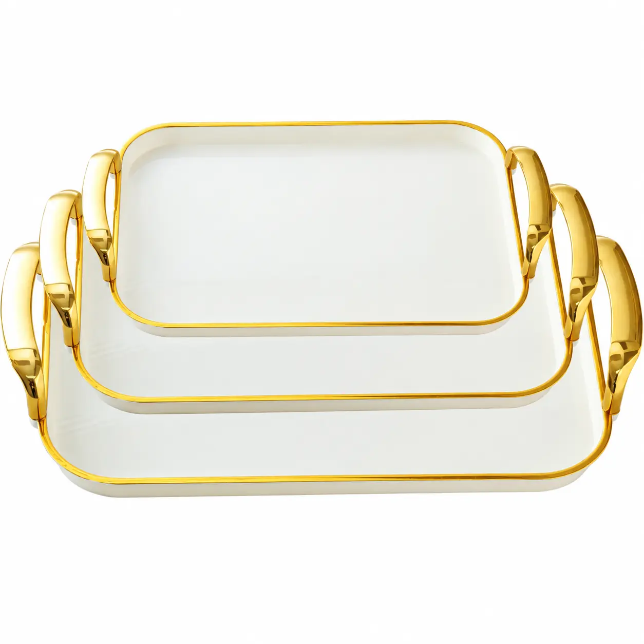 3-Piece Large Rectangular Fruit Plate Set, Reusable PET Plastic Serving Platters with Golden Handles (18.11/16.92/14.96 in) for Dinner Parties, Weddings