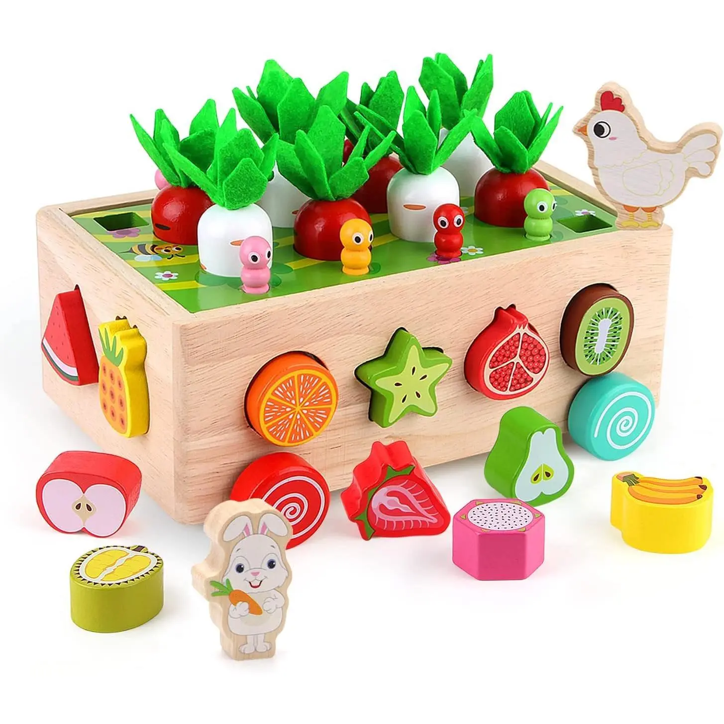 L-ITC020 Montessori Wood Toy Non-Toxic Paint Carrot Sorting Orchard Cart, Fine Motor Skills Developmental Gift for 2-3 Years Old Toddlers, Educational Shape Fruit Farm Game