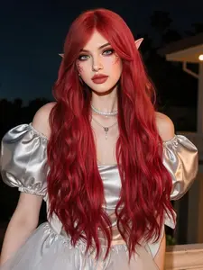 Redwood long curly hair 28 inches synthetic wig with fringe for ladies, red wig, heat-resistant, natural parting, role-playing party, Lolita wedding wig, Halloween wig