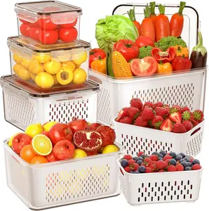 5 PCS Large Produce Storage Containers for Fridge with Removable Colanders, Airtight Leakproof Food Storage Containers with Lids, BPA-Free Fruit & Vegetable Keeper for Berries, Lettuce, Meat, Meal Prep, Stackable Fridge Organizer