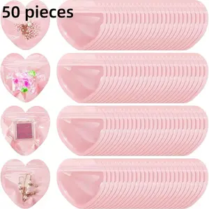 50 Heart-Shaped Jewelry Bags, Cute Love Zipper Pouches, Transparent Sealed Gift Bags, Ideal for Business, Weddings, Parties, Small Gifts