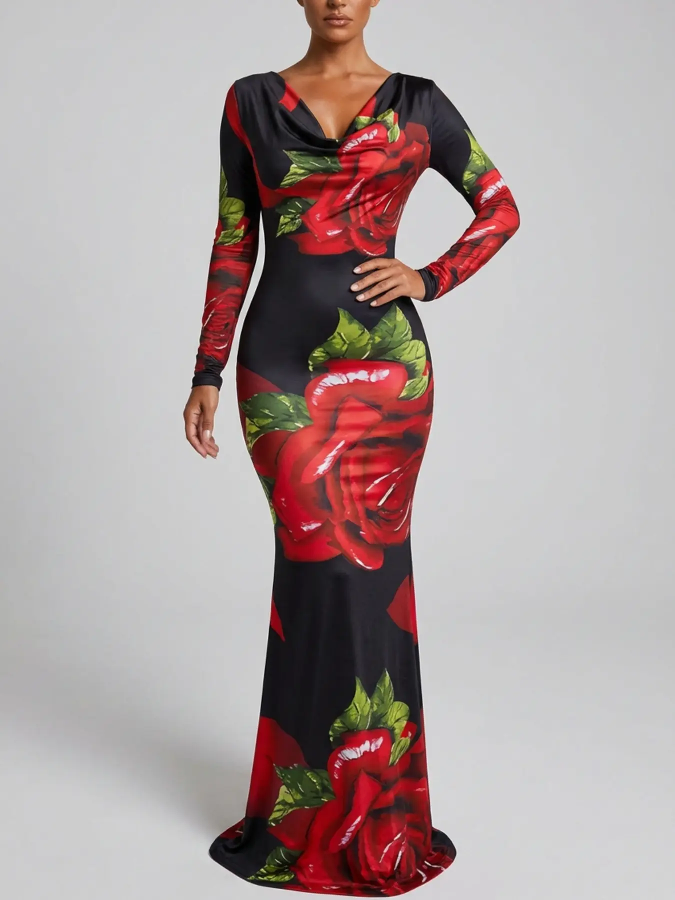 princess polly baby blue dress 2026 Sexy Rose Print Maxi Dress for Women, Long Sleeve Bodycon Dress with  Stretch Fabric, Elegant