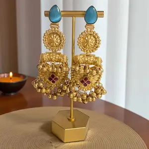 Antique Gold Tone Temple Jhumka Earrings with Ruby Detail & Ghungroo Drops