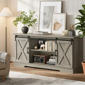 Farmhouse TV Stand with Sliding Barn Doors, Rustic Entertainment Center Media Console with Storage Cabinets for Living Room, Gray
