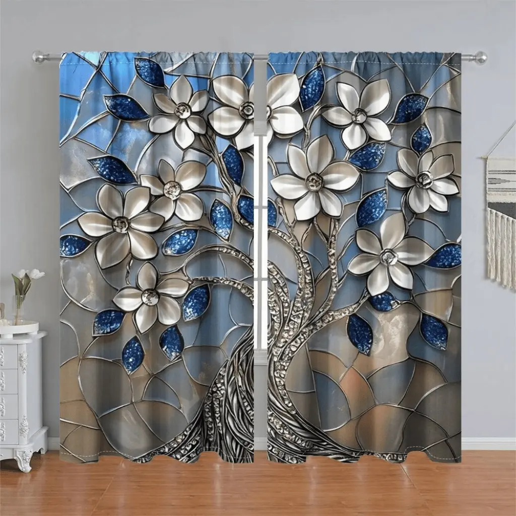 2Pcs Abstract Floral Pattern Curtain Panel, Shiny Blue Leaves & White Flowers Design, Pole Pocket Style, Semi Sunshade Polyester Fiber Home Textile, Suitable for Home Living Room, Bedroom, Balcony, Kitchen, Study and Shower Window Decoration, Accessor