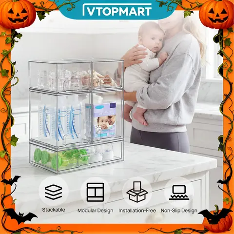 【Bottles Station】Vtopmart 5/8 Pack Stackable Nursery Bottle Station, Clear Plastic Organizer Bins for Beauty Supplies Vanity Bathroom Cabinet Pantry, Multi-Size Flexible Design, BPA-Free Safe, Multifunctional, Water Proof, Halloween GiftIdea