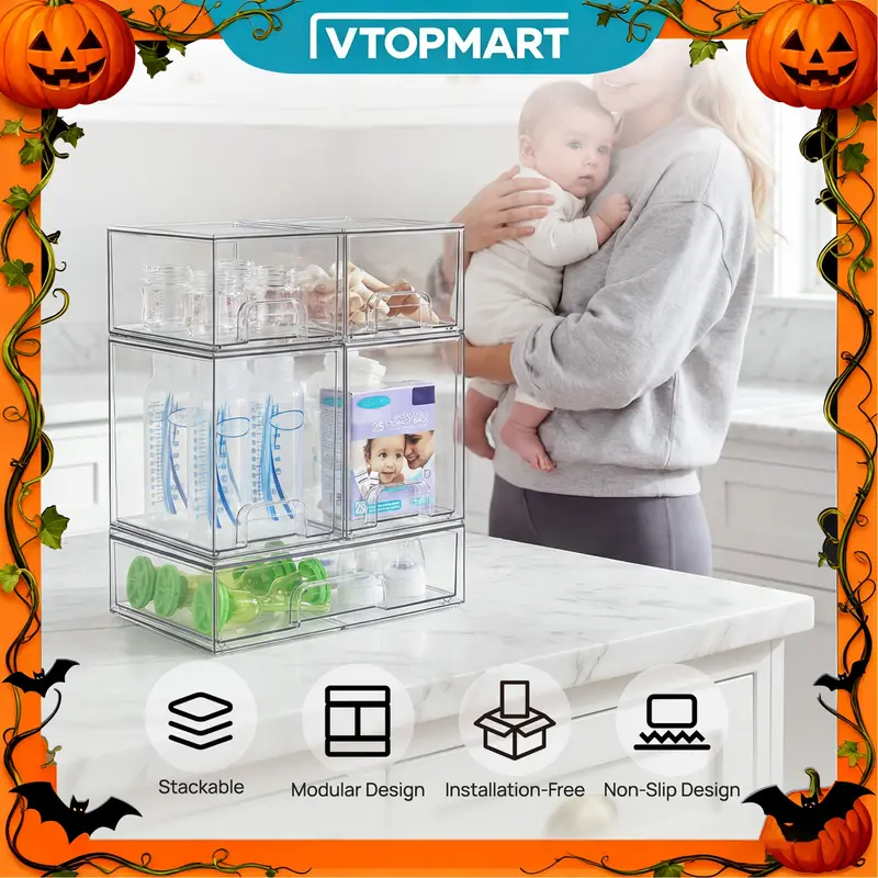【Bottles Station】Vtopmart 5/8 Pack Stackable Nursery Bottle Station, Clear Plastic Organizer Bins for Beauty Supplies Vanity Bathroom Cabinet Pantry, Multi-Size Flexible Design, BPA-Free Safe, Multifunctional, Water Proof, Halloween GiftIdea
