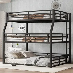 Full/Full XL over Queen over Queen Bunk Bed, Metal Triple Bunk Bed with Safety Guardrails, Heavy-duty Bunk Bed with Noise-reduced Design, Black