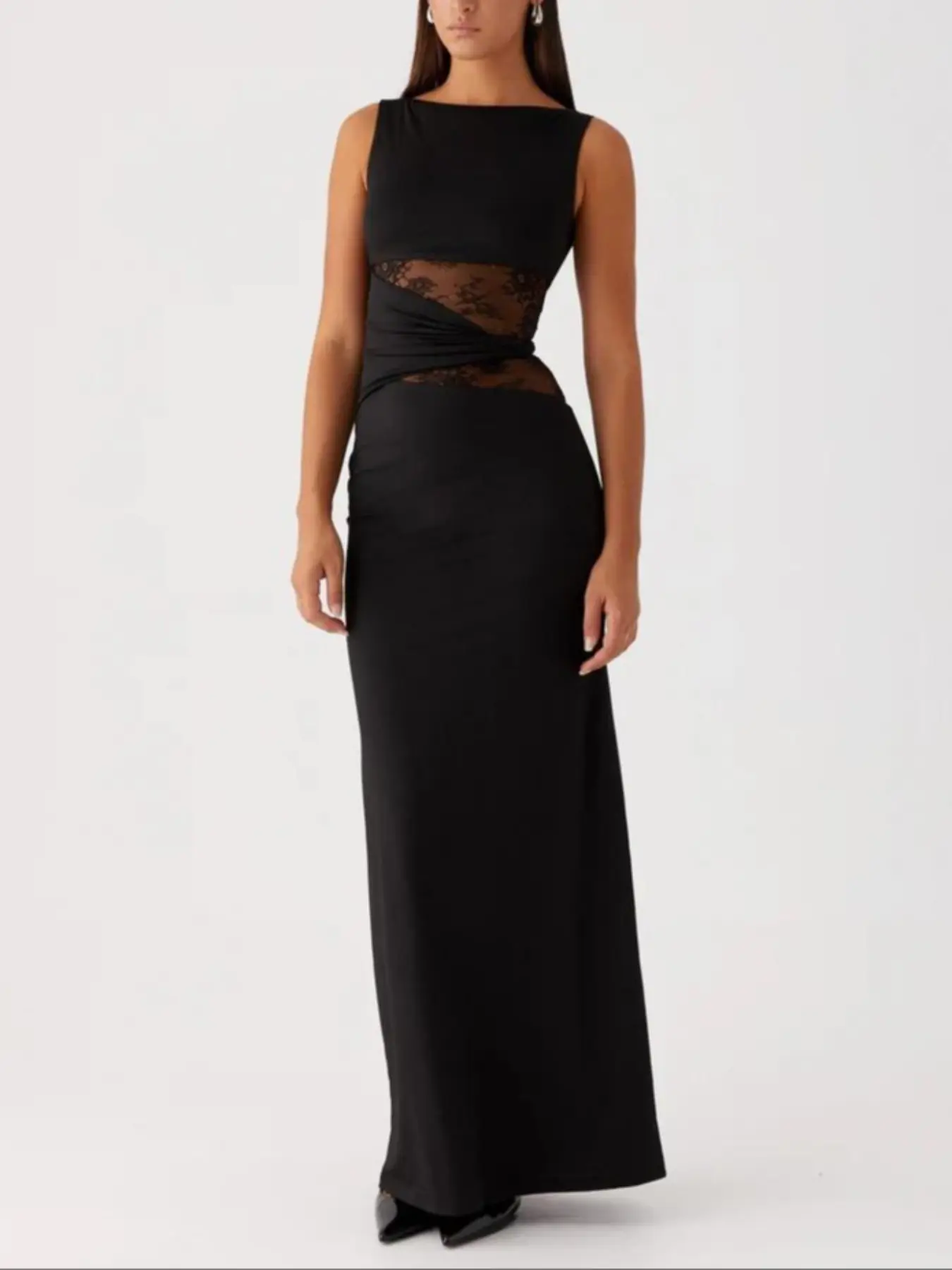Elegant Women's Long Slim Formal Dress with Lace Trim, Perfect for High-End Parties and Special Occasions, Comfortable All-Day Wear Design
