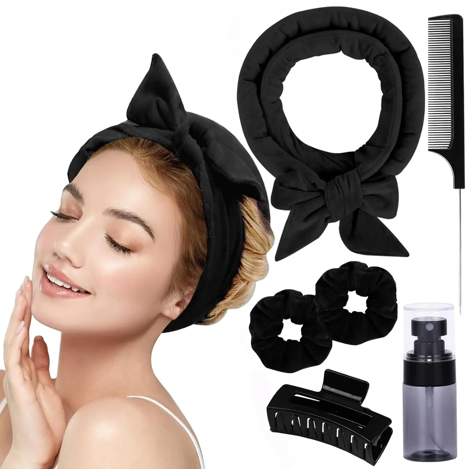 Heatless Curlers to Sleep in Heatless Curling Rod Headband For Long Hair Overnight No Heat Curls For Women velvet Hair Rollers, Bottle, Hair Clips, Scrunchie, Rat-tail Comb, 6 Pieces Set (pink) Haircare