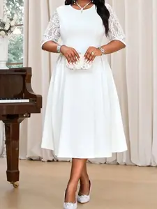 Plus Size Valentine's Day Dress Summer Outfit For Women Elegant A Line Round Neck Colorblock White Midi Dress With Contrast Lace - Casual, Fabric