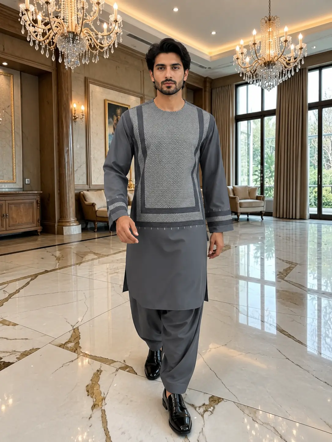 X-Large Charcoal Grey Men’s Shalwar Kameez Yakhandozi with Matching Grey and White Geometric Embroidery | Premium Traditional Wear