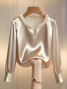 Elegant Plus Size Women's Round Neck V-Neck Long-Sleeved Shirt Blouse With Pearl Embellishments, Satin Fabric, Loose Fit, Suitable For Commuting, Everyday Elegance
