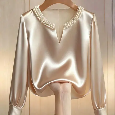 Elegant Plus Size Women's Round Neck V-Neck Long-Sleeved Shirt Blouse With Pearl Embellishments, Satin Fabric, Loose Fit, Suitable For Commuting, Everyday Elegance