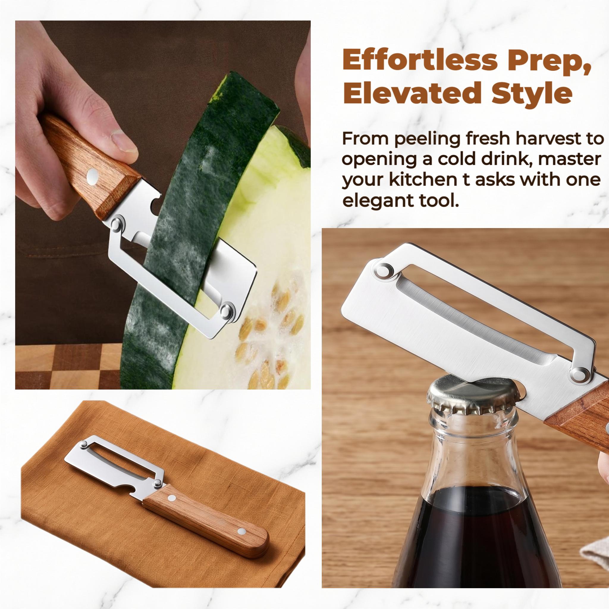 Ergonomic Wood Handle Stainless Steel Vegetable Peeler with Bottle Opener, 2-in-1 Multi-Functional，Heavy Duty for Potatoes, Apples, Pumpkins & All Fruits and Veggies， Your Effortless Kitchen Helper, the Perfect Tool for Fast, Hassle-Free Prep-YYA