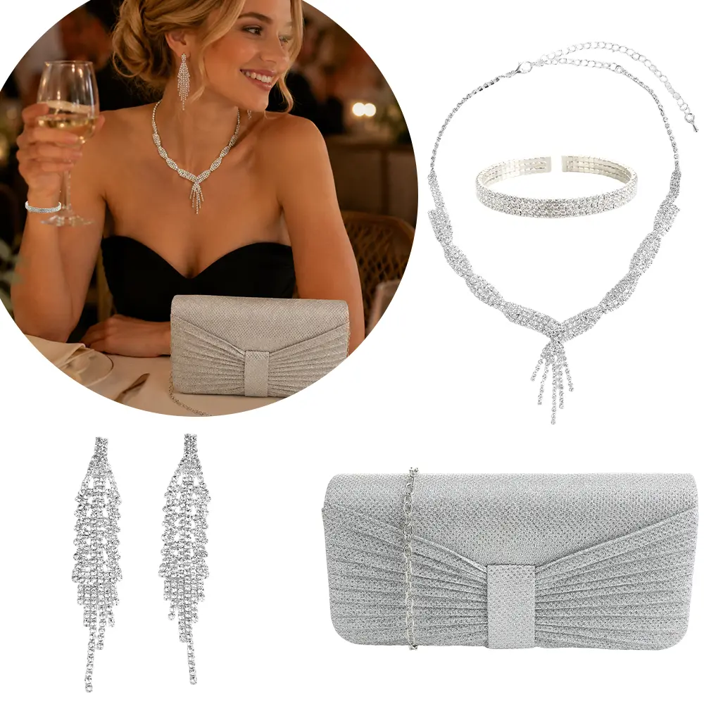 4Pcs Rhinestone Jewelry Set Clutch Purse for Women Evening Bag Formal Rhinestone Clutch Bracelet Choker for Wedding Party Gift