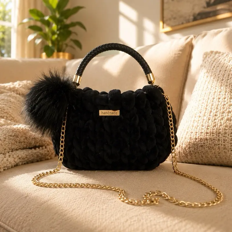Luxe Black Chunky Knit Handbag with Gold Crossbody Chain