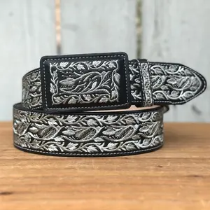 Black and Silver “Enredadera” Western Style Belt Made with Genuine Leather and Metallic Thread Embroidery