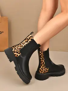Women's Fashion Boots with Leopard Print Details, Elastic Patchwork Mid-Calf Slip-On, Thick Sole High Heel Design for Outdoor Travel