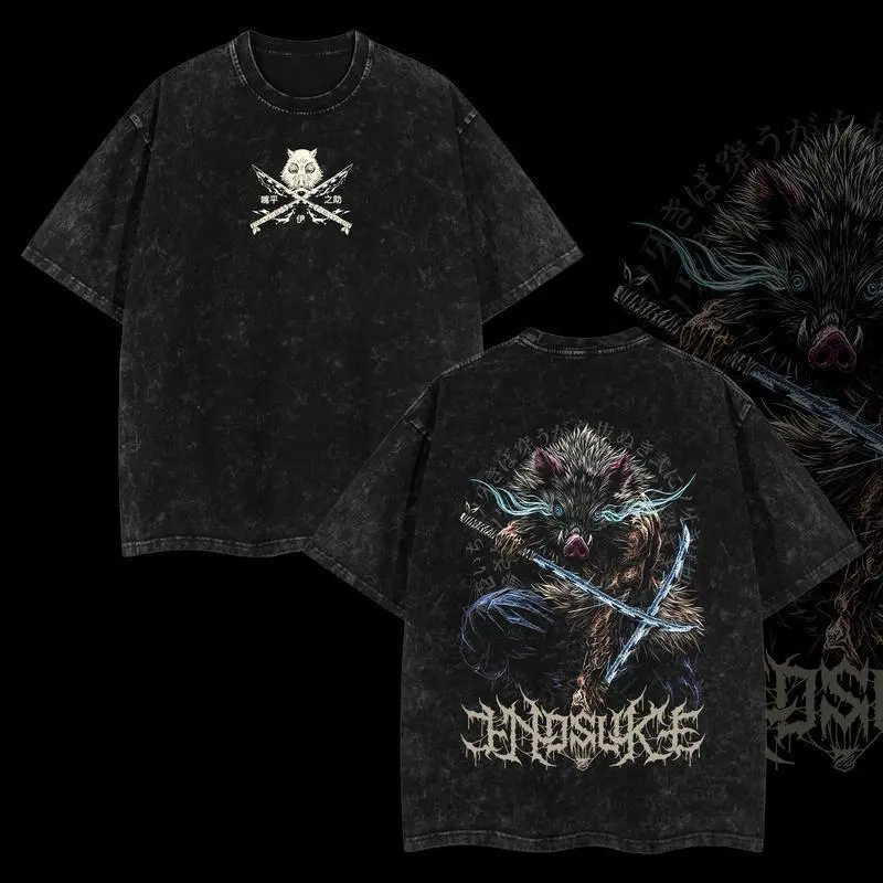 Demon Slayer Mens T-shirt, Inosuke Hashibira Shirt Vintage Unisex Oversize Anime Manga Acid Washed T-shirt, graphic tee,anime merch fan, outfits men