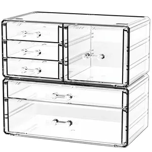 2 Pack Clear Desk Organizer With Drawers,Stackable 6 Drawers Skincare Organizer,Cute  Care Organizers for  Hair Clip,,Beauty Product Desk and Makeup Organizers Countertop