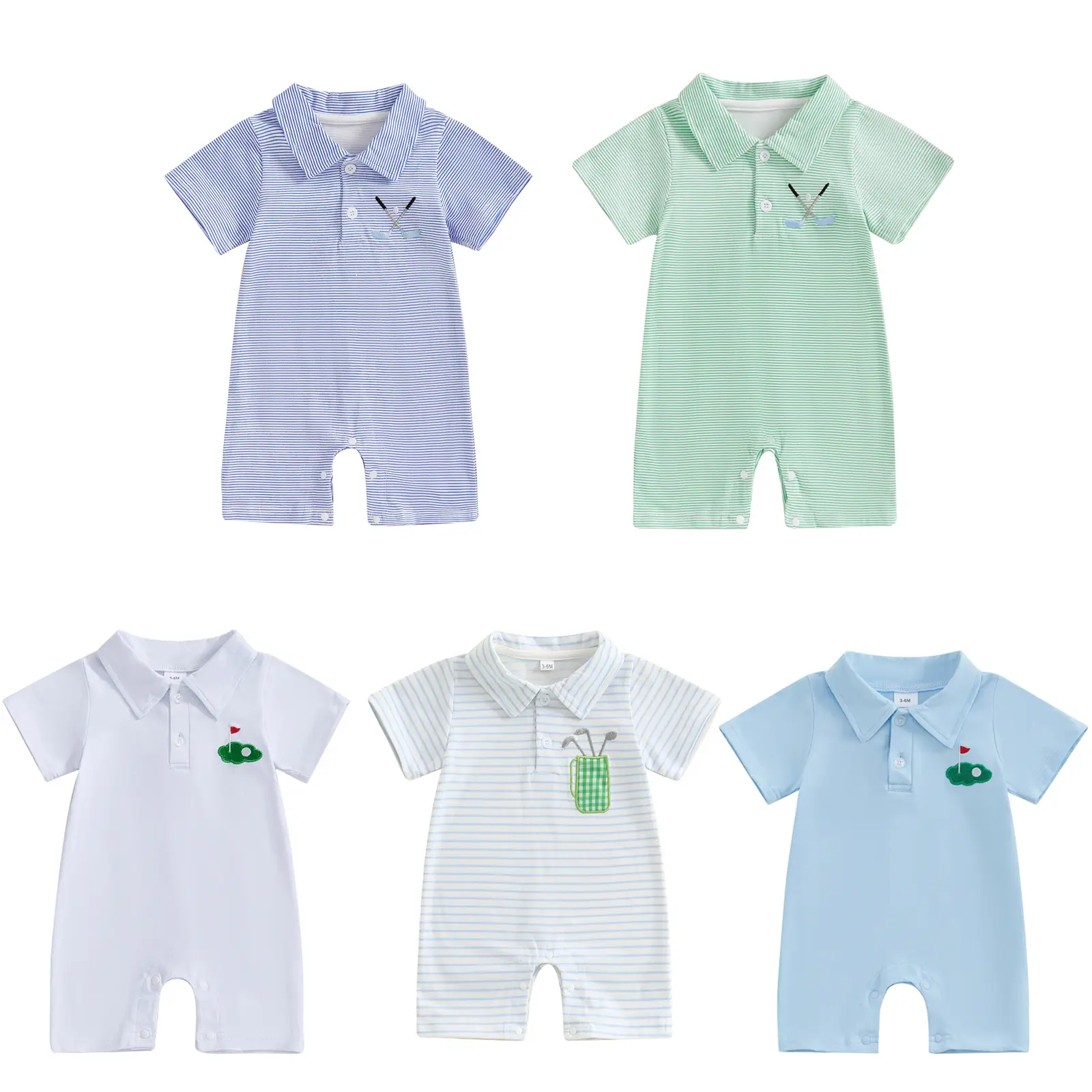 Baby Boy Golf Outfit Newborn Short Sleeve Golf Club Embroidery Polo Shirt Romper Lapel Button Striped Onesie Bodysuit Jumpsuit